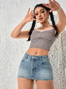 SHEIN PETITE Women's Casual Washed Denim Mini Skirt Y2k - Blue - View 6