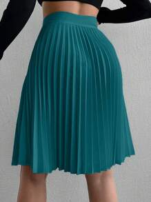 EURMUSE Women Plain Ruched A-Line Skirt, Casual - Dark Green - View 2