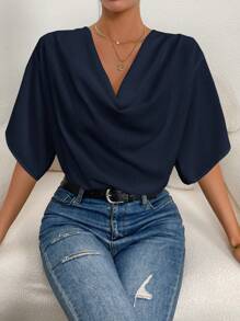 SHEIN Privé 女式纯色垂坠领优雅夏季短袖衬衫 - 藏蓝色 - 查看 1