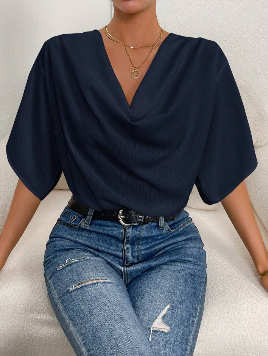 SHEIN Privé 女式纯色垂坠领优雅夏季短袖衬衫 - 藏蓝色 - 查看 1