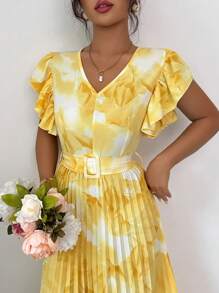 Modelyn Vestido largo con estampado floral efecto tie-dye y volantes en el bajo para mujer - Amarillo - Ver 4