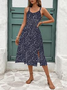 SHEIN Frenchy Women's Casual Mini Ditsy Floral Mid-Length Dress, Vacation Summer Blue Beach - Navy Blue - View 6