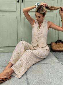 SHEIN Frenchy 2pcs Women's Striped Print Button Front Tank Top And Long Pants Set Brown Summer