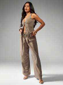 MISSGUIDED Pinstripe Waistcoat Palazzo Pants Set Business Professional Wide Leg Drawstring Office Wear Spring Fall Collection - Khaki - View 4