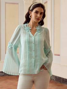 MOTF PREMIUM Women Floral Patchwork Pleated Flare Sleeve Shirt - Green - View 4