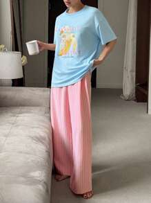 DAZY 女士两件套可爱字母图案T恤上衣和条纹睡裤睡衣 - 淺藍色 - 查看 6