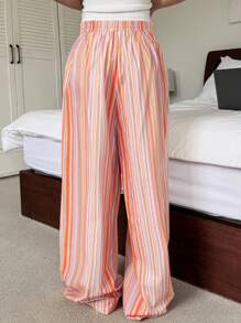 DAZY 条纹直筒宽松抽绳休闲女式睡裤，秋季睡衣 - 粉色 - 查看 2