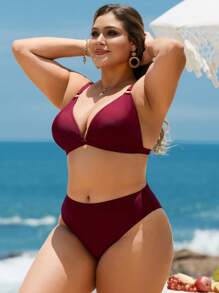 SHEIN Swim Curve 大码纯色圆形装饰细肩带比基尼套装 - 酒紅色 - 查看 4