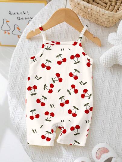 SHEIN رومبير صيفية للبنات الرضع بطبعة الكرز والكتابة "فتاة الكرز"، مناسبة للربيع والصيف وللرحلات الاسترخائية وعطلات الشاطئ، أزياء صيفية جميلة للأطفال، بطراز كوري، جاهزة للشاطئ، عناصر نزهة صيفية