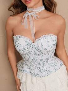 SHEIN Unity Elegant Jacquard Jacquard Fabric Underwire Contrast Lace Back Tie Up Racerback Sports Bra Top For Women, Summer - White - View 7