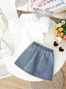 SHEIN 2 Pieces Young Girl Summer Back-To-School Clothes Set,Light Pink Heart Print Denim Skirt And White Shirt,Casual Comfortable School Kindergarten Outfit - White - View 4