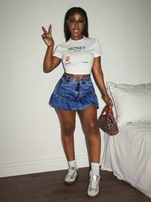 Slaydiva 休闲可爱派对女式牛仔蓬松迷你裙 - 深色水洗藍 - 查看 3