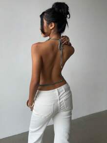 Aloruh 欧式 V 领露背短款上衣，纯色，时尚，合身，百搭 - 深灰色 - 查看 2