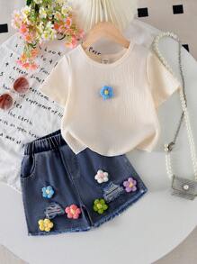 Young Girls Short Sleeve Tshirt, Stylish & Fashionable Young Girl Summer Apparel, Girls Apricot Textured Fabric Floral Print Tshirt Set - Apricot - View 6