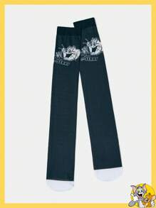TOM & JERRY X SHEIN Vintage Colorblock Funny Cartoon Pattern Pantyhose - Black and White - View 1