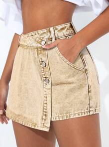 SHEIN PETITE Women's Single Row Button Asymmetric Hem Casual Denim Skorts - Khaki - View 5