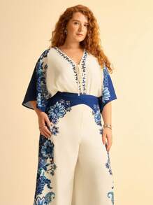 CAJUNI Plus Size Women Boho Vintage Blue Tropical Floral Print Straight Leg Casual Pants - Multicolor - View 7