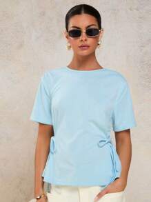 COSMINA Women Summer Solid Color Tie Waist Short Sleeve Casual T-Shirt