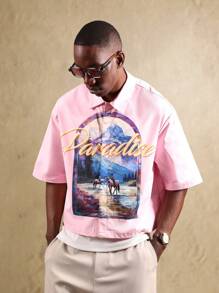 SUMWON قميص كاجوال قصير الأكمام بطبعة مشهد بحيرة الجبل والطبيعة في منتجع العطلات الغربي، مجموعة صيفية من القمصان - وردي - مشاهدة 1