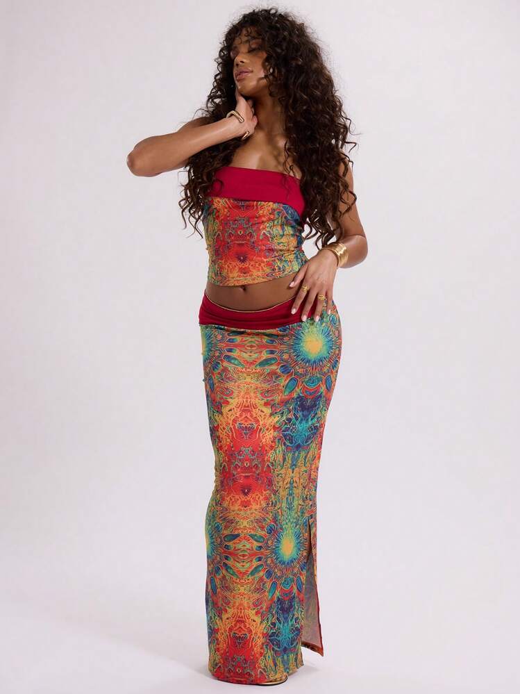 MUSERA Slinky Print Folded Maxi Skirt Only Vacation Summer Ibiza