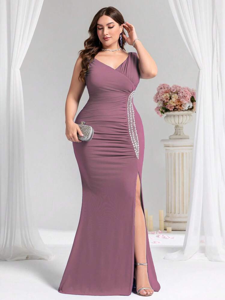 Coutiva Royal Solid Color Spaghetti Strap V-Neck Beaded Decor Side Slit Evening Dress - Pink - View 1