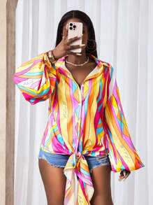 BamGleam Women's Colorful Striped Lantern Sleeve Knotted Hem Loose Blouse Fall Cloth For Women - Multicolor - View 3