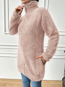 EURMUSE Women's Loose Fit Drop Shoulder Long Sleeve Fleece Zip-Up Jacket, Fall/Winter - Dusty Pink - View 4