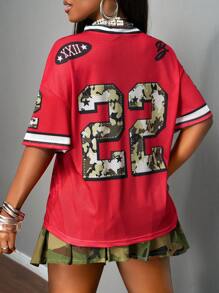 Slaydiva 2025 Summer New Style For Birthday Parties, Back To School Season, College Style, Student Wear, Daily Outings, Basic And Versatile, Casual, Vacation, Ball Game Uniforms, Popular Online Styles, Street Style, Sports Street, Sports Letters, 22 Digital Printing, Camouflage, Contrast Stripes, V-Neck Short-Sleeved Loose T-Shirts, Mesh, Semi-Transparent Fabrics, Red, Summer Tops, Women's T-Shirts