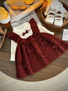 SHEIN Babygirl 撞色3D蝴蝶结装饰针织连衣裙，适合秋冬季 - 紅色 - 查看 3