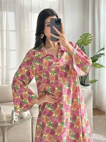 Al Najma 花卉印花 Polo 领喇叭袖中长连衣裙 - 黃色 - 查看 3