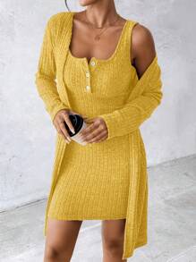 EMERY ROSE 女士性感蓝色两件套连衣裙，秋冬 - 黃色 - 查看 4