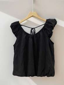 INAWLY Women Round Neck Puff Sleeve Backless Summer Casual Chic Solid Color Black Blouse, Going Out Top - Black - View 3