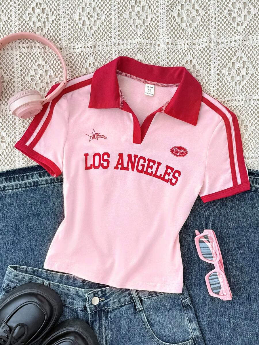 SHEIN Áo thun cổ bẻ in họa tiết khối màu cổ điển cho bé gái tuổi teen, Mùa tựu trường, Áo thun đường phố cho trường học - Hồng - Xem 1