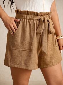 Elaquor Quần short thường ngày màu trơn túi giấy cỡ lớn - Màu Khaki - Xem 7