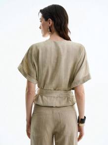 Aalyst Women's Casual V-Neck Button Decor Linen Patchwork Bodysuit - Apricot - View 3