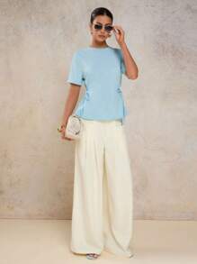 COSMINA Women Summer Solid Color Tie Waist Short Sleeve Casual T-Shirt