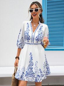 Vivid Eden Women's Summer Notched Neck Allover Bohemia Print Casual Vacation Mini Dress,Beach Vacation Dress,Beach Outfits For Woman,Summer Outfits For Women ,Summer Clothes,Boho Women Clothing, Summer Dress With Sleeves, Women Vacation Dress - White - View 4