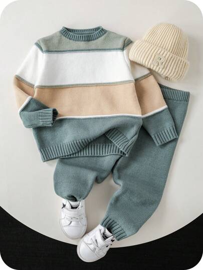SHEIN 2 Stücke/Set Baby Jungen/Mädchen lässiger Drop-Shoulder gestreifter Rundhals Pullover und gerippter Bund Hose Outfit, geeignet für Herbst/Winter Tragen, sowohl zu Hause als auch Outdoor