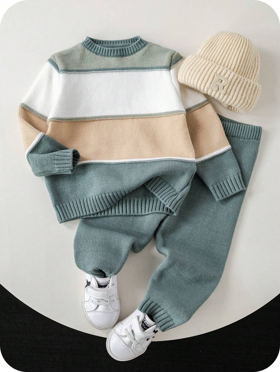 SHEIN 2pcs/Set Baby Boy/Girl Casual Dropped Shoulder Striped Crew Neck Sweater Top And Ribbed Cuff Pants Outfit, Suitable For Autumn/Winter Wear, Both Home And Outdoor