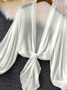 女士加大码夏季薄款灯笼袖系腰开衫 - 白色 - 查看 2