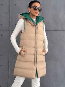 EURMUSE Petite Size Zip Up Drawstring Hooded Puffer Vest Coat - Green - View 3