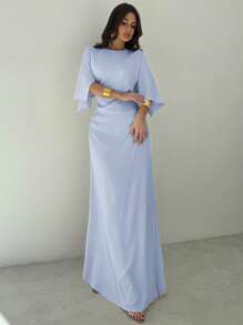 Firerie Váy dạ hội dự tiệc mùa hè màu vàng thanh lịch, váy dự tiệc trang trọng cho lễ tốt nghiệp, lễ trao giải, không tay có xếp ly ở eo, viền xẻ, dài chấm đất - Màu xanh lam - Xem 5