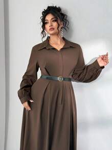 Elenzga 优雅通勤纯色灯笼袖连衣裙，及踝长加大码女装，适合秋季 - 咖啡棕 - 查看 5