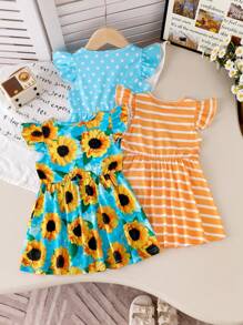 3 Pcs Set Baby/Toddler Girls Knitted Striped, Polka Dot, Sunflower Print Summer Casual Dress With Cap Sleeve Baby Girl Summer Dress Toddler Sunflower Dress Baby Girl Sleeveless Dress Baby Clothes With Sunflowers Toddler Flower Dress - Multicolor - View 2