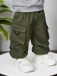 SHEIN Leap Crew 男嬰工作服風格素色錐形腿長褲帶3D口袋 - 軍綠色 - 查看 4