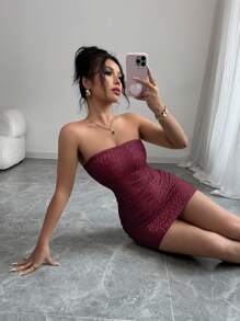 Rafferiza 女士性感派对香槟色亮片迷你连衣裙 - 酒紅色 - 查看 4