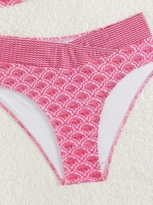 SHEIN Swim 女式简约全身印花高腰比基尼套装，细肩带，小V领，夏季 - 粉色 - 查看 6