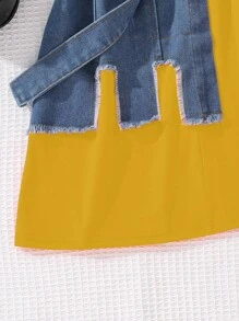 Tween Girls Cotton Denim Patchwork Casual Dress - Yellow - View 6