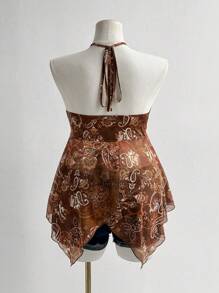 Sunspun Plus Size Women's Spring And Summer Vacation Casual Retro Mesh Print Backless Suspender Y2k Chest Fold Decoration Bead Pendant Women's Bohemian Beach Women's Suspender Vest Boho  Vintage