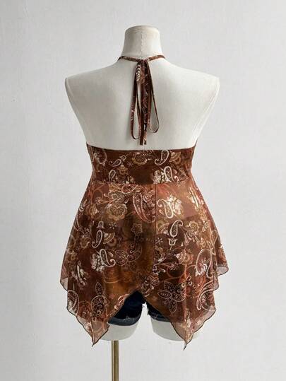 Sunspun Áo quây nữ cỡ lớn mùa xuân hè, kiểu dáng thường ngày retro, chất liệu lưới, không lưng, có dây đeo, họa tiết Y2K, xếp ly ngực, đính hạt và mặt dây chuyền, phong cách Bohemian, đi biển, áo quây nữ, phong cách Boho cổ điển.
